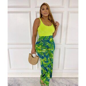 NWT Womens Effortlessly Style Palazzo Pants Green Tropical Stretch Resort Vacay